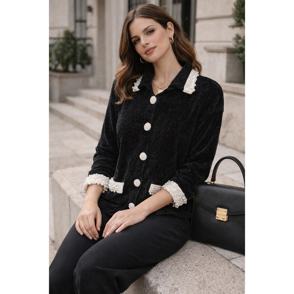 Lisa International Black Chenille Pearl Embellished Button Front Cardigan Large